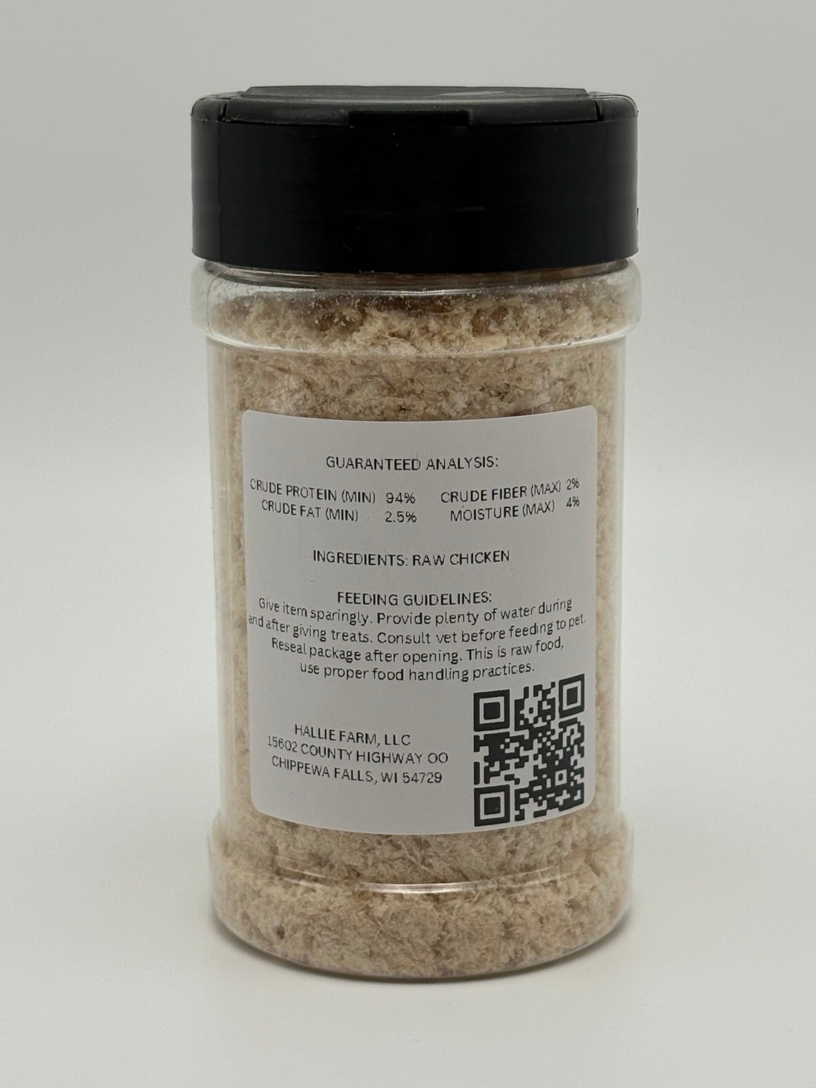 Hallie Farm chicken food topper back label with guaranteed analysis, ingredients and handling directions