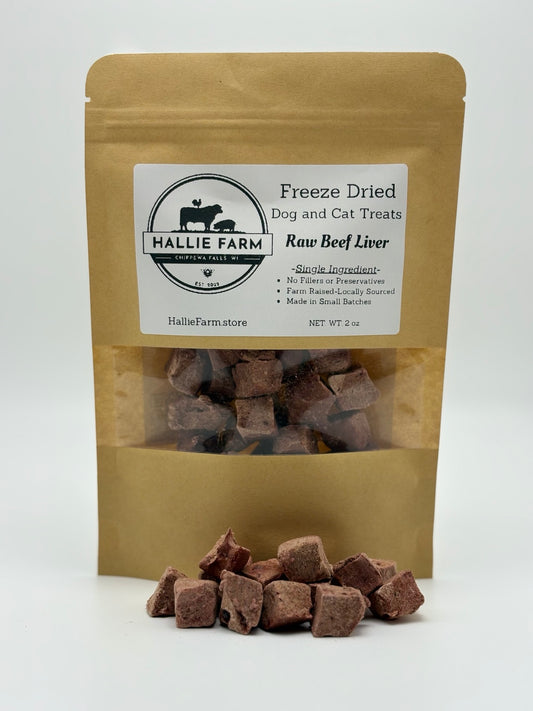 Hallie Farm freeze-dried raw beef liver dog and cat treats, 2 ounce pouch with individual beef liver cubes displayed in front