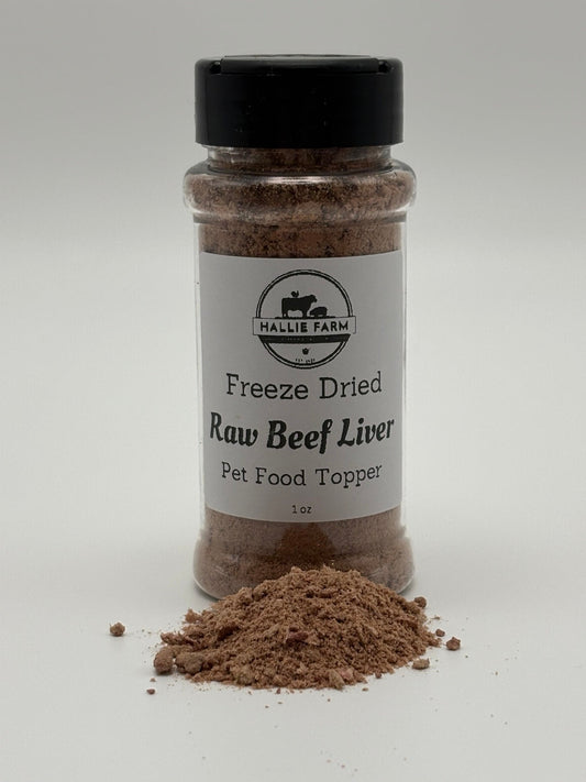 Hallie Farm 1 oz freeze-dried beef liver topper jar with coarse beef liver crumbles in front