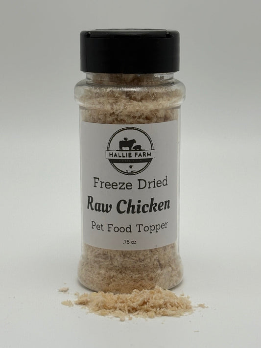 Hallie Farm 0.75 oz freeze-dried raw chicken pet food topper shaker jar with shredded chicken topper in front