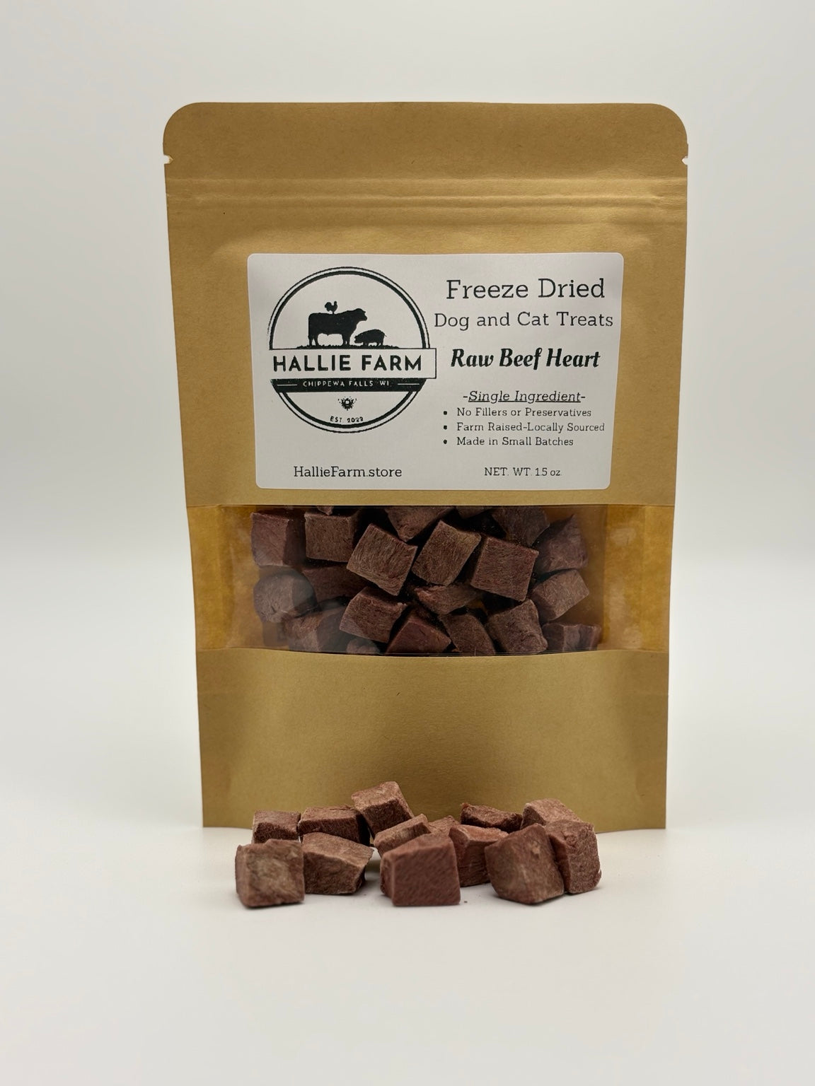 Hallie Farm freeze-dried raw beef heart dog and cat treats, 1.5 oz pouch with treats displayed in front